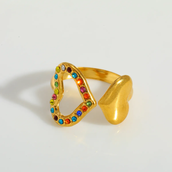 Bague Ajustable Deux Cœurs Sertis de Strass Multi couleur – Acier Inoxydable Doré