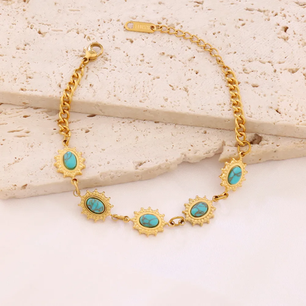 Bracelet Ajustable Ovale Pierre Lapis-Lazuli Bleu – Acier Inoxydable Doré (17 + 3 cm)