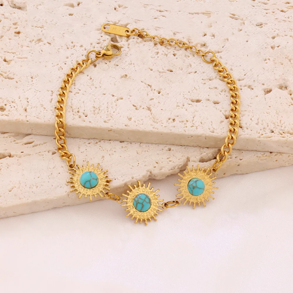 Bracelet Ajustable Soleil Pierre Lapis-Lazuli Bleu – Acier Inoxydable Doré (17,5 + 3 cm)