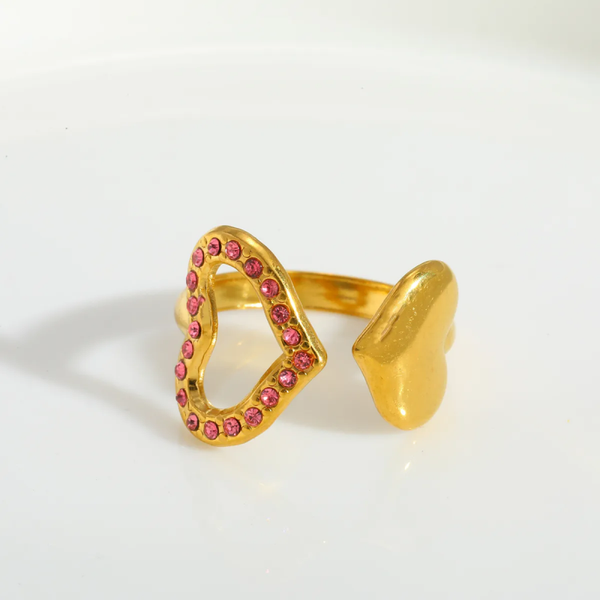 Bague Ajustable Deux Cœurs Sertis de Strass Fuchsia – Acier Inoxydable Doré