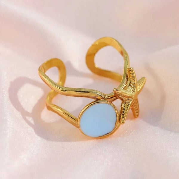Bague Thalassa Étoile de Mer & Coquille Bleue – Dorée Ajustable  Acier 304 PVD  Bijou Plage Été Vanbijoux