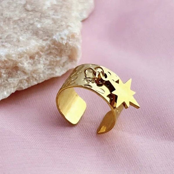 Bague Altair Manchette Étoile Pendante – Dorée Ajustable en Acier Inoxydable 304 Gravée