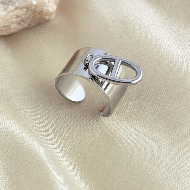 Bague Ancre Large Argentée Maille Marine Ajustable – Breloque Grain de Café en Acier Inoxydable 304