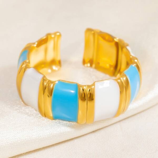 Bague Capri Large Émaillée Bleu Turquoise & Blanc Dorée Ajustable Acier Inox 304