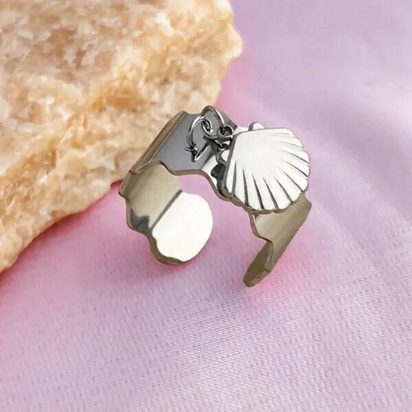Bague Coquillage Argentée Ajustable – Breloque Coquille Saint-Jacques en Acier Inoxydable 304