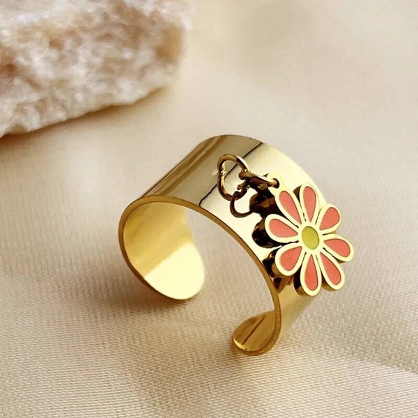 Bague Daisy Manchette Marguerite Émaillée – Dorée Ajustable en Acier Inoxydable 304