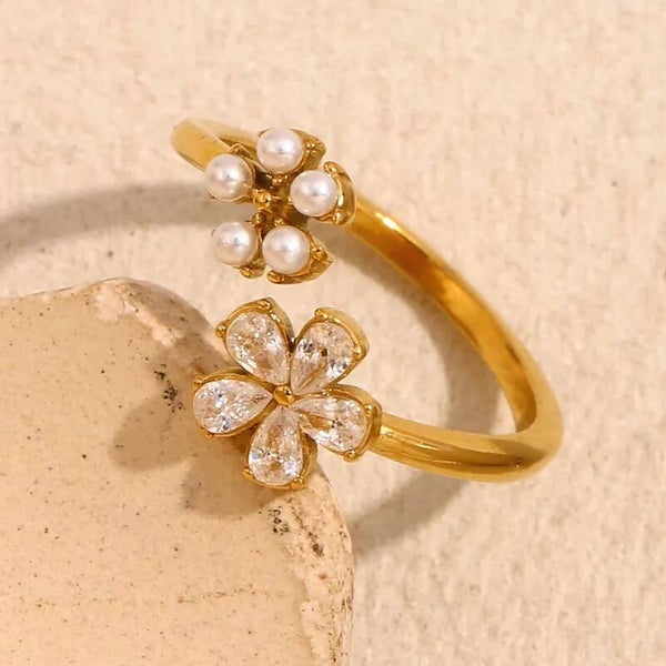 Bague Fleur Zircon Étincelant Dorée  Ajustable Acier Inoxydable 304 VanBijoux