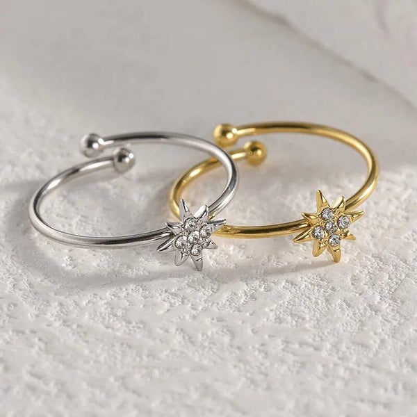 Bague Edelweiss – Fleur Zircons Dorée Fine Ajustable Inox 304 Minimaliste