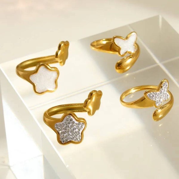 Bague Fleur Papillon Élégance Intemporelle  Dorée Zircons Acier Inox 304 Ajustable