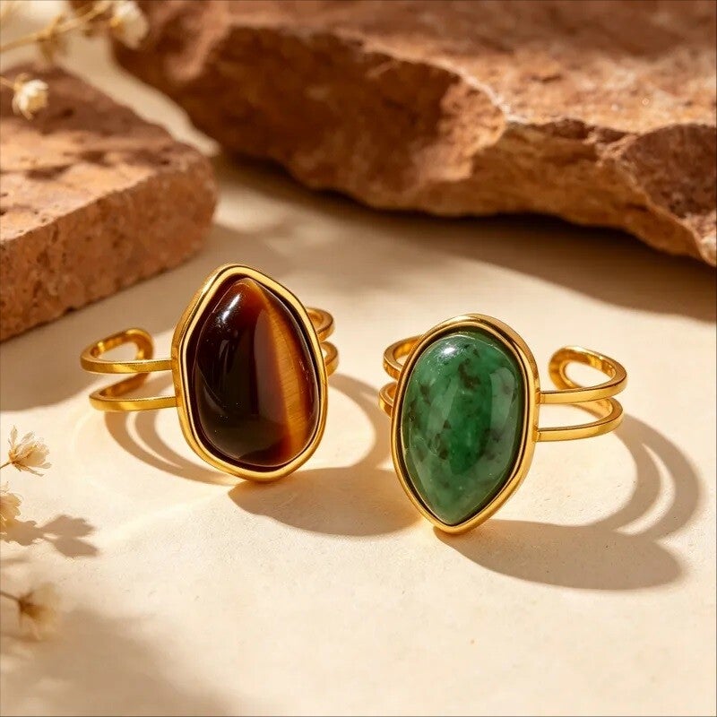 Bague Goutte d'Eau Dorée - Pierre Naturelle Acier Inoxydable 304