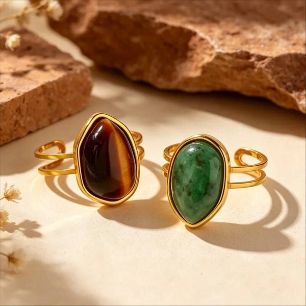Bague Goutte d'Eau Dorée - Pierre Naturelle Acier Inoxydable 304