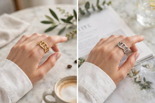 ANCRE RING - Bague Chaîne Dorée et Argentée Acier Inoxydable - Taille Ajustable