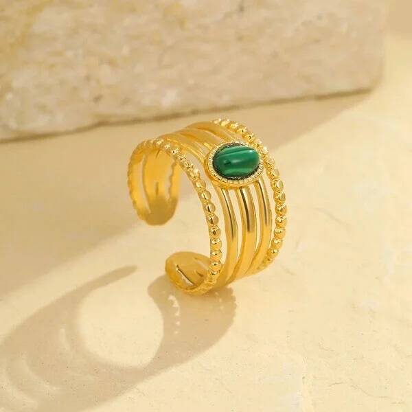 Bague Large Malachite Verte Femme - Cuff Ajustable Doré Acier Inoxydable  Isis