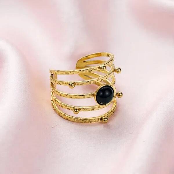 Bague Large Orbite Martelée Onyx Noir Dorée  Multi-Rangs Ajustable Acier Inox 304