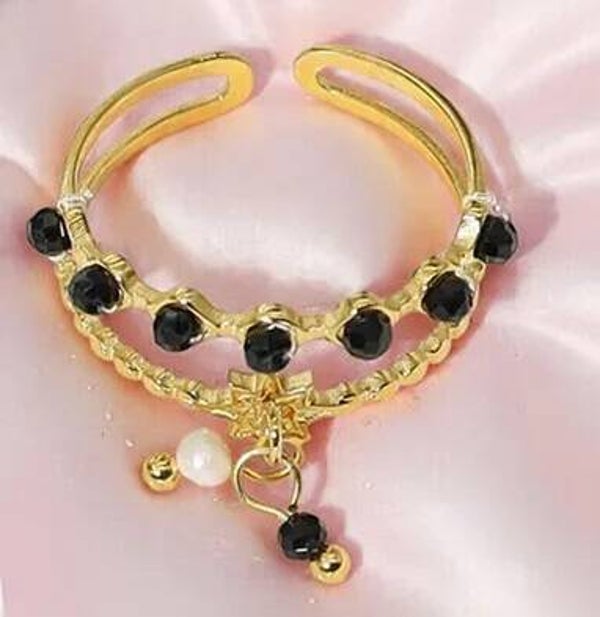 Bague Nocturne Double Anneau Étoile Breloques – Pierres Noires et Perle Ajustable en Acier Inoxydable