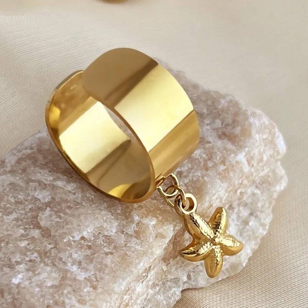Bague Océane Large Étoile de Mer Dorée à Breloque – Acier Inoxydable 304 Ajustable | Bijou Tendance Été