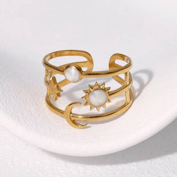 Bague Séléné Céleste Soleil Lune Étoile  Pierres Blanches Opale Dorée Ajustable Acier Inox 304