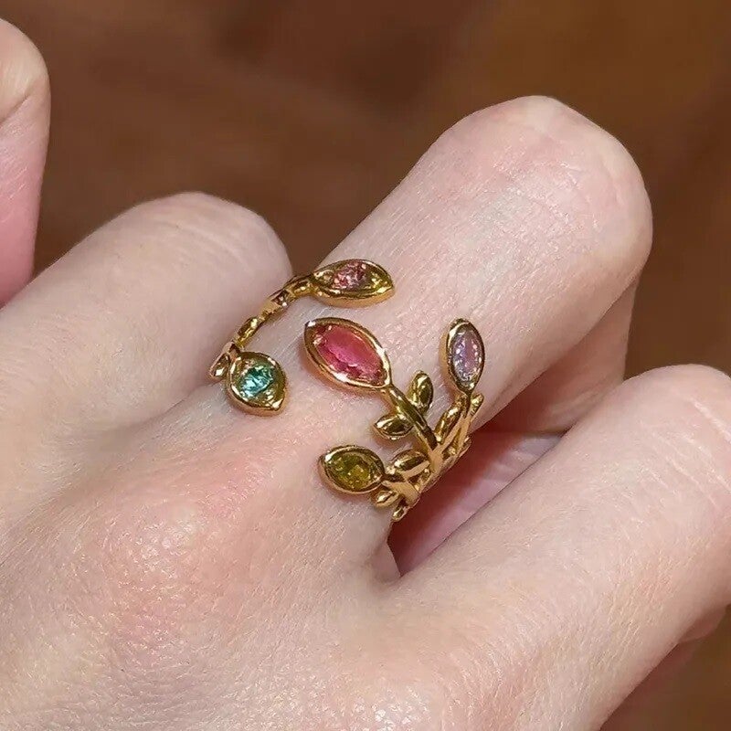 BLOOM BRANCH - Bague Ouverte Branche Fleurs Multicolores Zircon Acier Inoxydable Doré