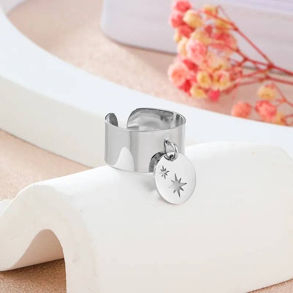 Bague Breloque Deux Étoiles Argentée Zircons  Acier Inox 304 Ajustable VanBijoux