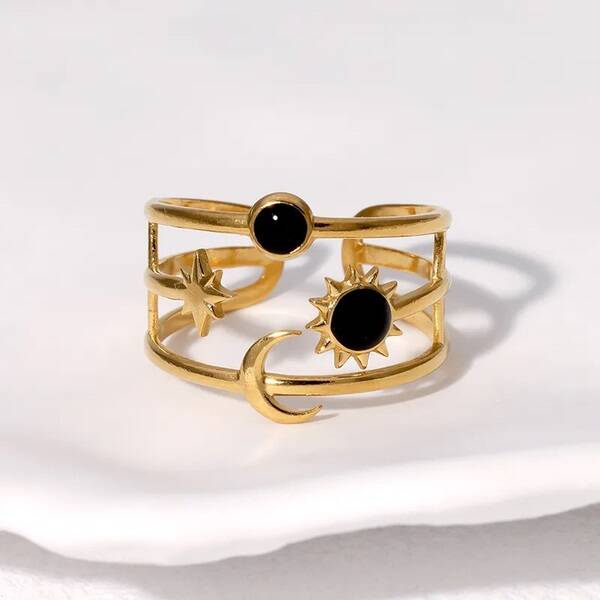 Bague Séléné Ouverte Soleil Lune Étoile - Pierres Noires Opale  Dorée Ajustable Acier Inox 304
