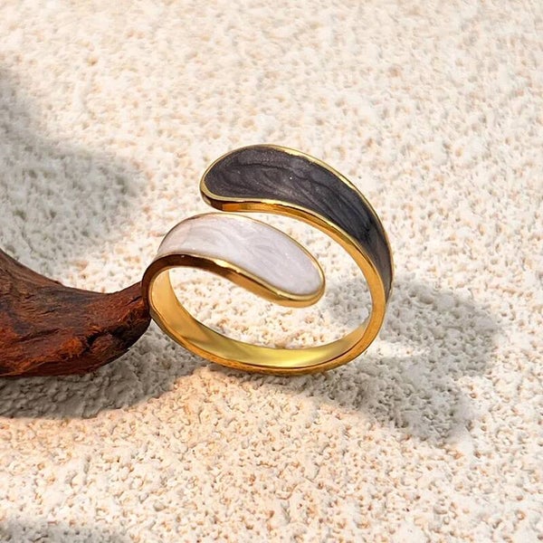 Bague Équilibre Ouverte Yin Yang Dorée – Émail Noir et Blanc Ajustable en Acier Inoxydable 304