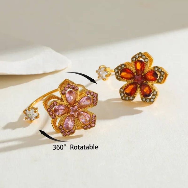 Bague Fleur Rotative Anti-Stress 360° Zircons  Dorée Acier Inoxydable 304 Ajustable
