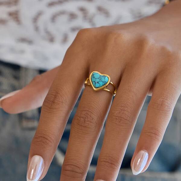 Bague Santa Fe Double Anneau Cœur Turquoise  Dorée Ajustable Acier Inox 304