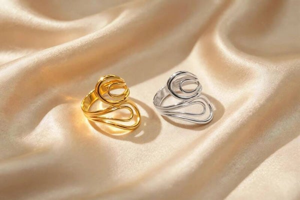 WAVE - Bague Vague Dorée et Argentée Acier Inoxydable 304 - Taille Ajustable