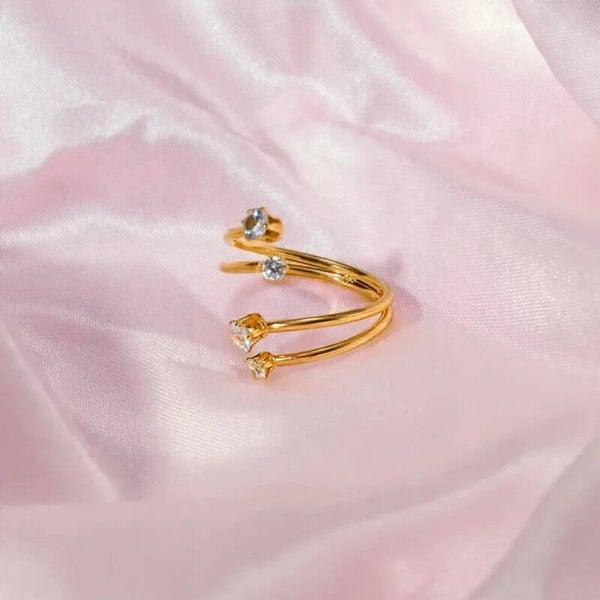 Bague Volute Spirale Ouverte 4 Zircons Blancs  Dorée Ajustable Minimaliste Acier Inox 304