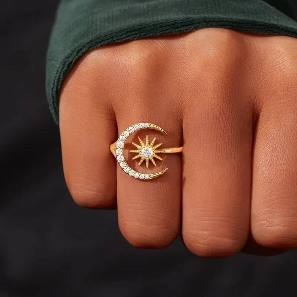 Bague Lune et Étoile Zircon Blanc  Argent 925 Plaqué Or Ajustable Céleste