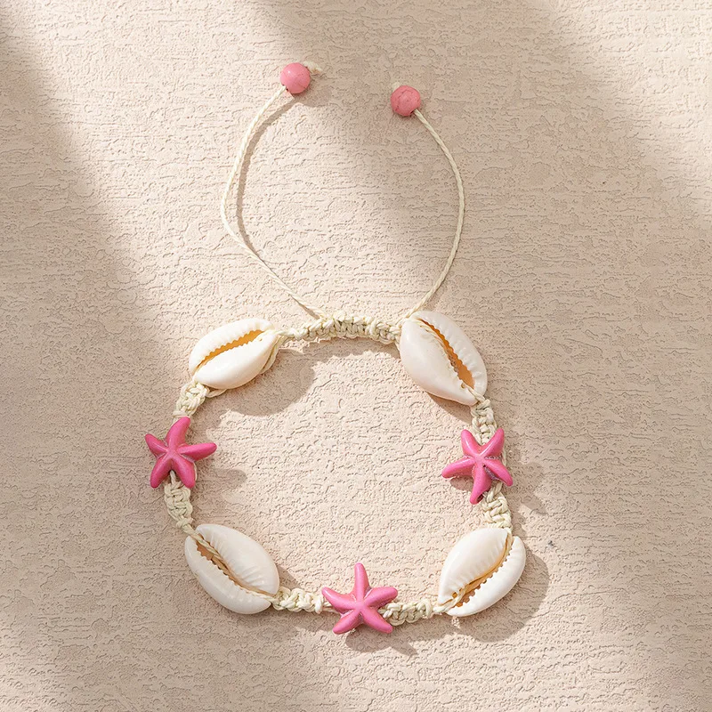 Bracelet Starfish Cordon Cauris Étoiles de Mer Roses – Bohème Plage Été Ajustable Femme