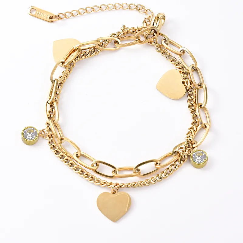 Bracelet Sienna Double Chaîne Cœurs Zircons – Doré Acier Inoxydable Waterproof Layering
