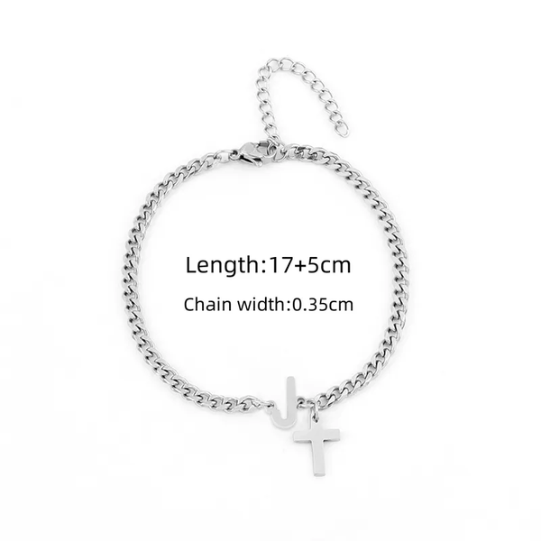 Bracelet Credo J Homme Chaîne Cubaine Initiale J & Croix – Argenté Acier Inoxydable 304