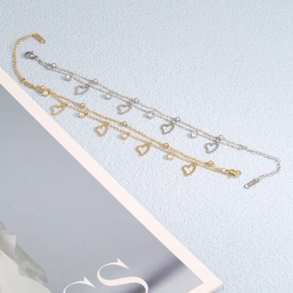 Bracelet Romance – Chaîne Cœurs Zircons Doré Argenté Inox 304 Waterproof