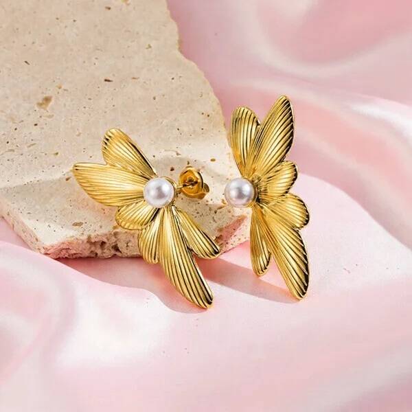 Boucles d’Oreilles Pendantes Feuilles & Perle Acier Inox Doré 3,2cm