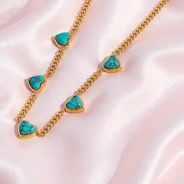 Collier Cœur Doré Turquoise Serti  Acier Inoxydable & Pierre Naturelle – Bijou Bohème