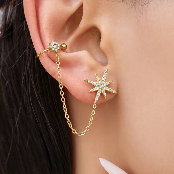 Boucles d'Oreilles Double Étoile Filante - Chaîne Constellation Acier Inoxydable 304 Doré