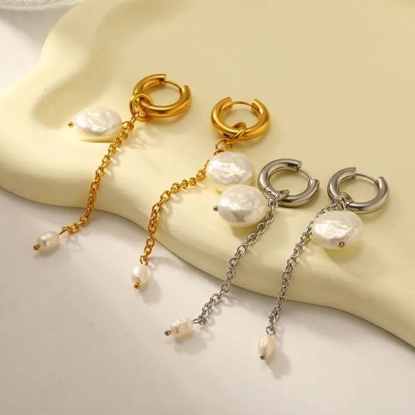Boucles d’Oreilles Perle Baroque Chaîne Longue - Doré ou Argenté  Acier Inoxydable 304L