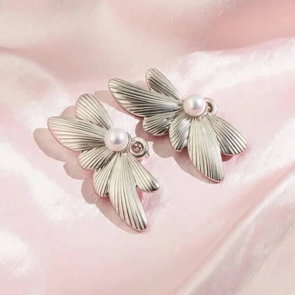 Boucles d’Oreilles Pendantes Feuilles & Perle  Acier Inox Argenté 3,2cm