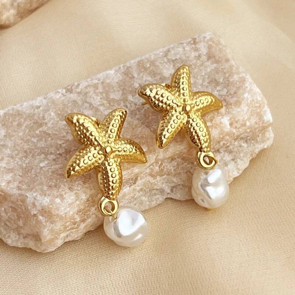 Boucles d’Oreilles Étoile de Mer & Perle d’Eau Douce  Acier Inox 304 Doré Rétro