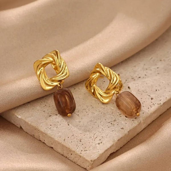 Boucles d'Oreilles Carré Torsadé Doré - Perle Ambrée Acier Inox 304