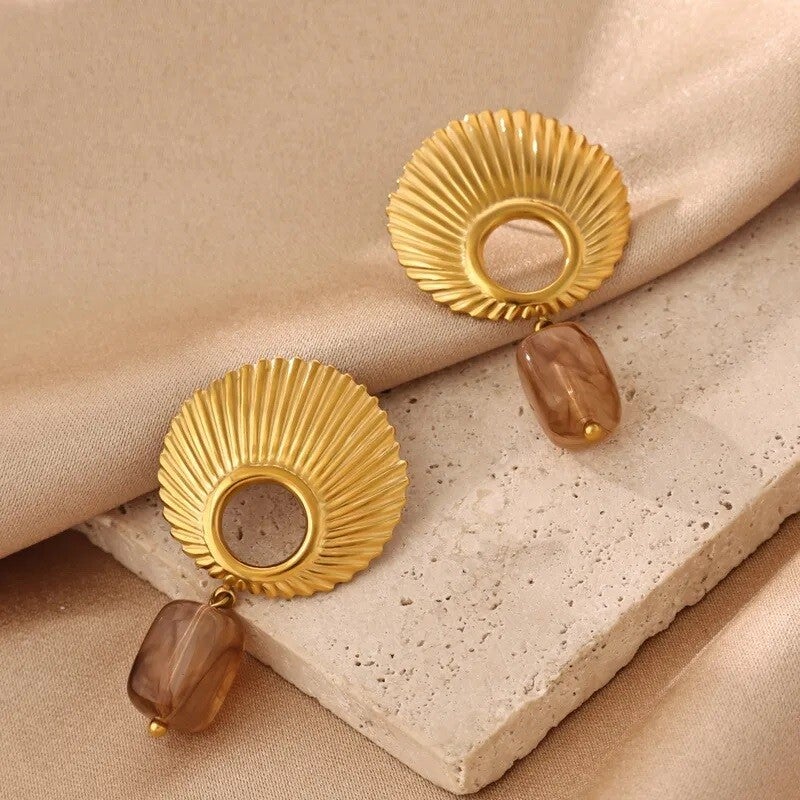 Boucles d'Oreilles Éventail Doré - Coquillage et Perle Ambrée Acier Inox 304
