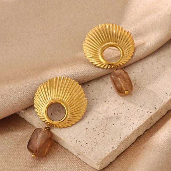Boucles d'Oreilles Éventail Doré - Coquillage et Perle Ambrée Acier Inox 304