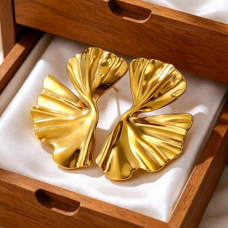 Boucles d'Oreilles Feuille de Ginkgo Dorée - Acier Inoxydable 304