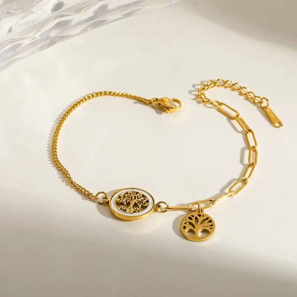 Bracelet Arbre de Vie Ajouré - Nacre Blanche Acier Inox 304 Femme
