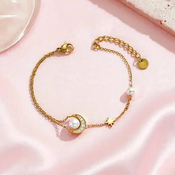 Bracelet Astral Lune Étoile & Perles Doré  Acier Inox 304 Céleste Waterproof