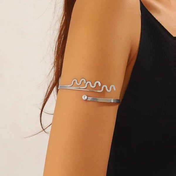 WAVE ARM - Bracelet de Bras Vague Zircon Acier Inoxydable Argenté - Manchette Ondulée