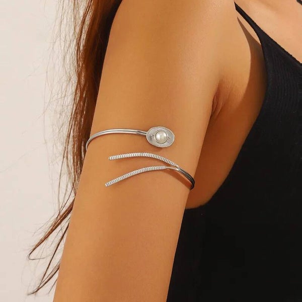 PEARL ARM - Bracelet de Bras Perle Nacrée Acier Inoxydable Argenté - Manchette