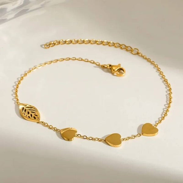 Bracelet Chaîne Cœurs et Feuille Dorée - Acier Inoxydable 304 Femme