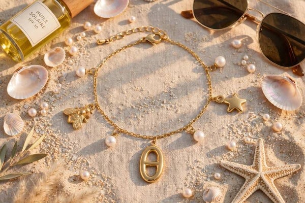 CHARM SEA - Bracelet Charms Abeille Étoile Perle Acier Inoxydable Doré 17+4cm